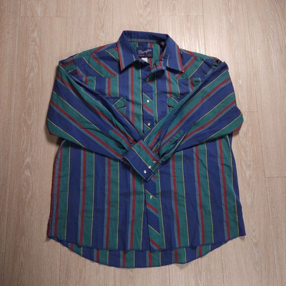 Vintage Wrangler Western Shirt Mens 17.5x35 Striped Snap Button X Long Tails 90s - Picture 1 of 9